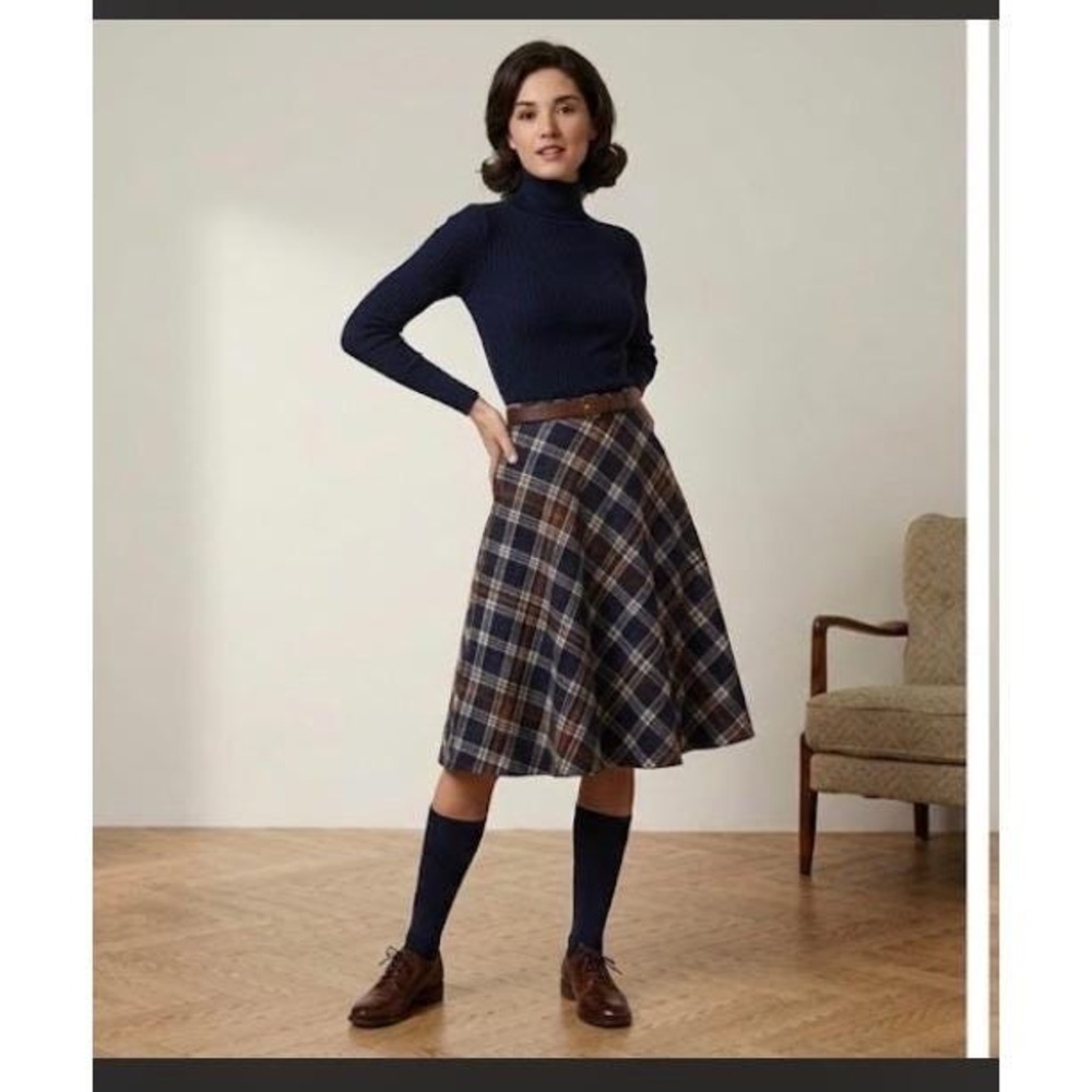 Vintage ILGWU Plaid Midi Skirt Navy Brown Check High Waist Made in USA XS b4